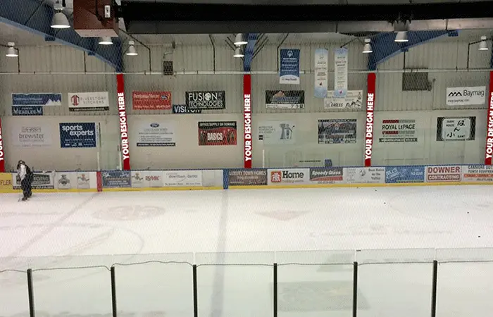 Arena advertising inside a Calgary community sports facility